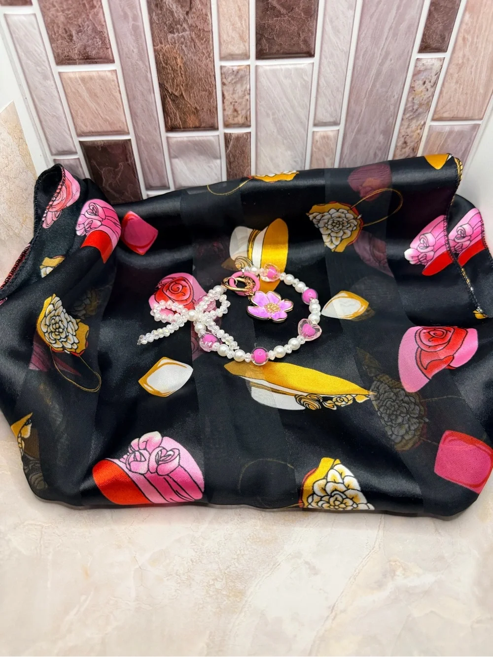Black Floral-Print Silk Scarf with Pink Flower Pendant